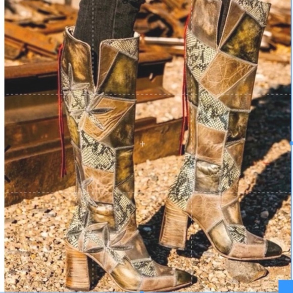 FREE BIRD BY STEVEN JUNO OLIVE MULTI COLOR PATCHWORK TALL BOOTS HANDMADE SIZE 6 - Picture 7 of 13